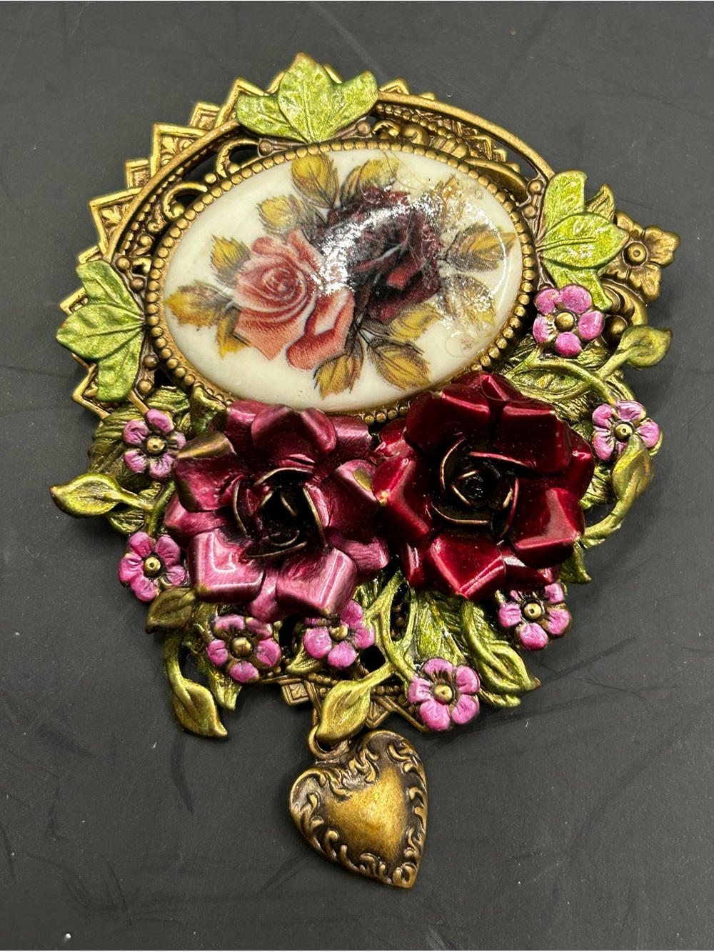 Vintage brooch with China, insert and dangling heart